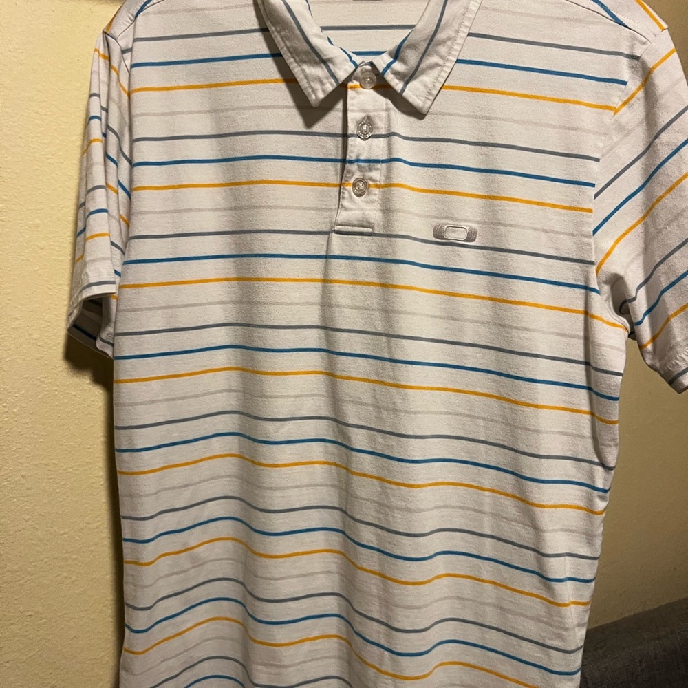 Oakley Y2K Striped Polo Shirt - White with Blue and Yellow Accents